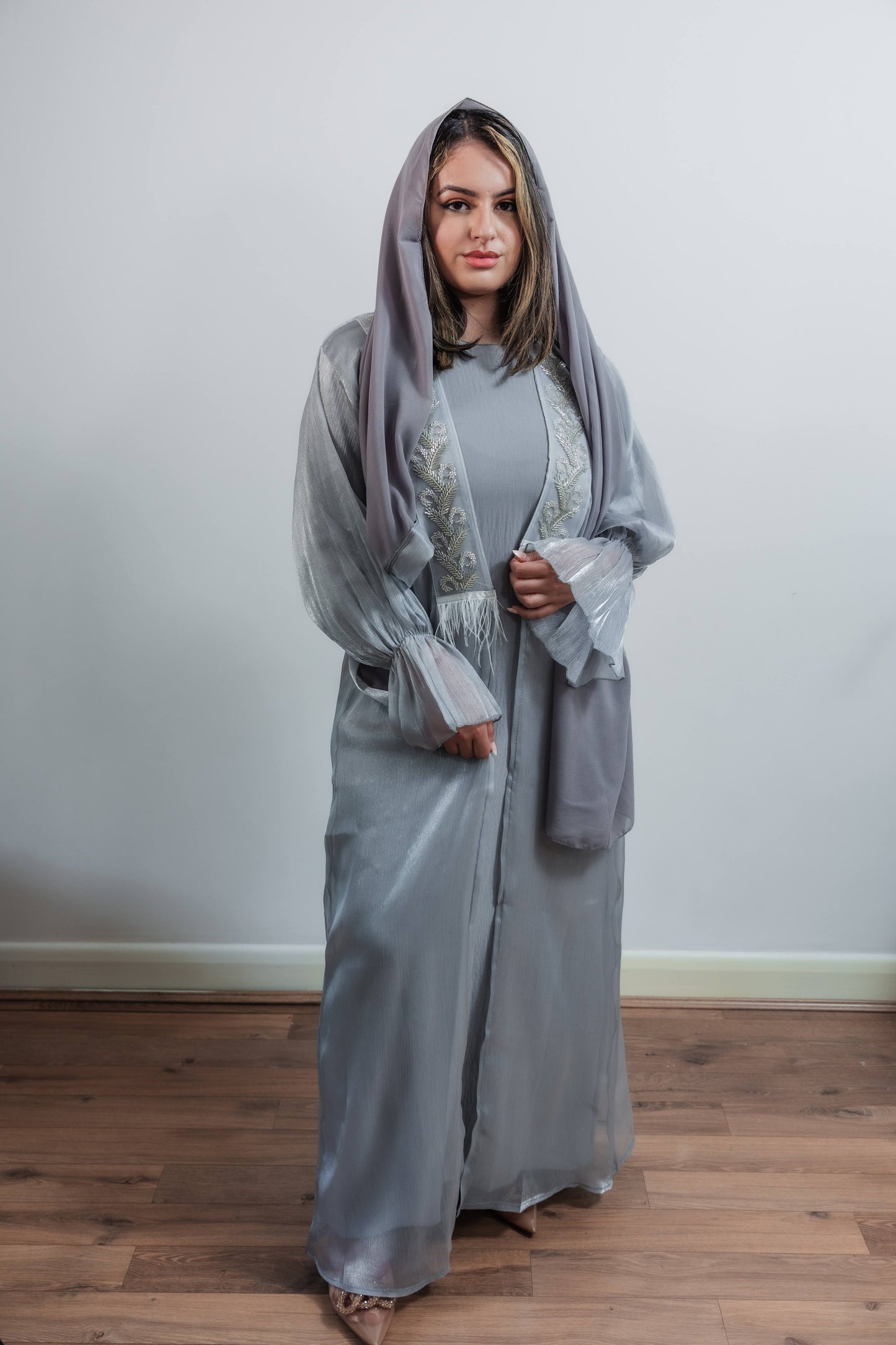 Grey Front Embellished With Feather Abaya