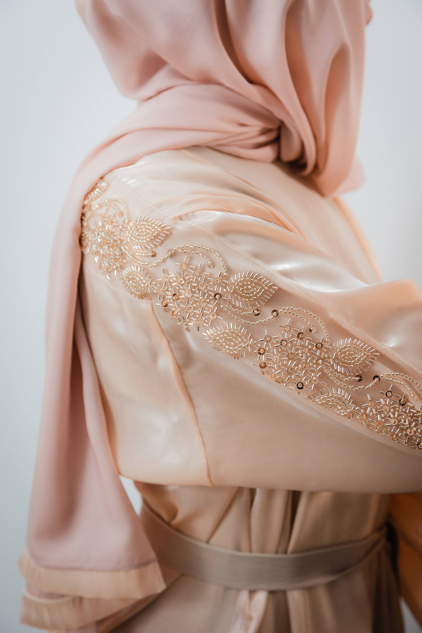 Peach Embellished Sleeved Abaya